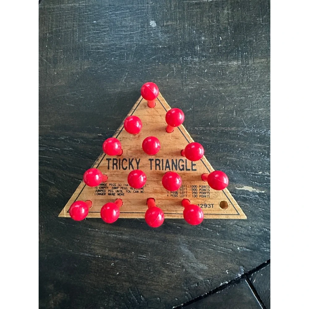 Vintage Tricky Triangle Wooden Peg Game 1293T Retro Tabletop Puzzle with 14 Pegs